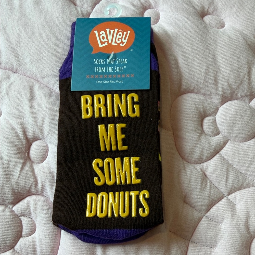 Black Crew Socks with Yellow 'Bring Me Some Donuts' Text